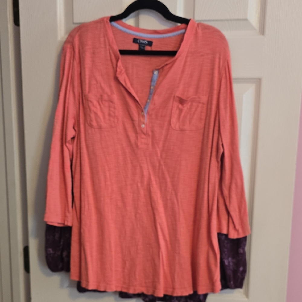Chaps‎ Coral Henley Tunic with Purple Contrast Underlayer